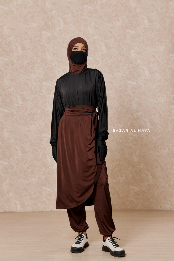 Brown Black Modest Swimwear 4 Piece Swimdress, Khimar, Apron & Pants - Comfort Swimsuit