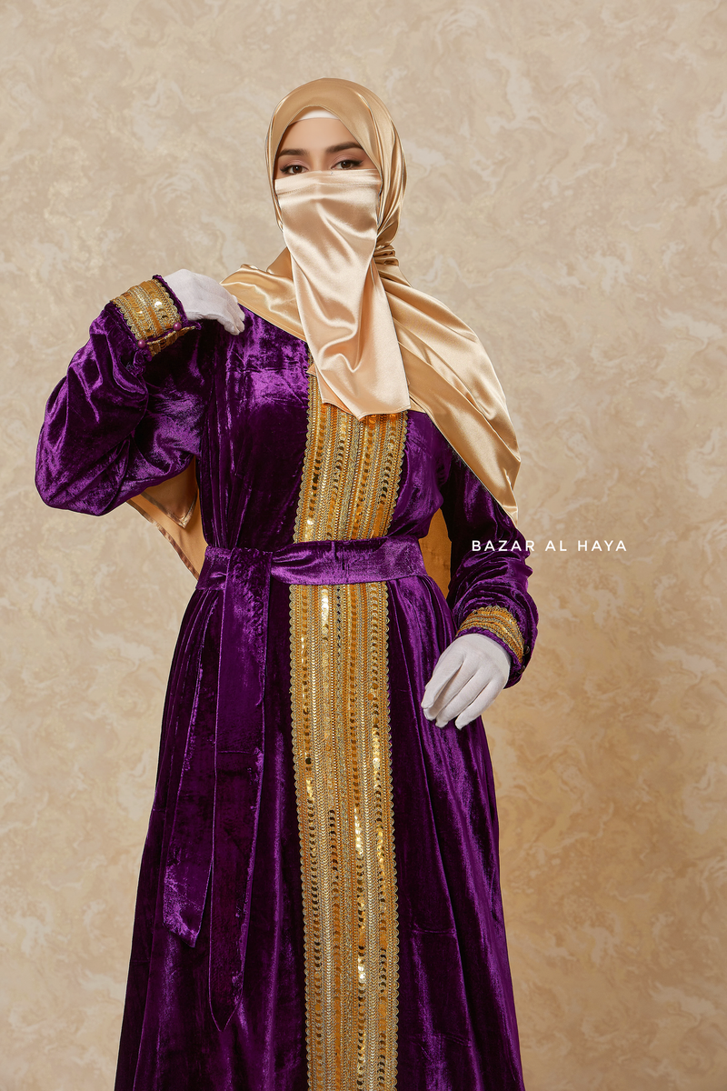 Purple Irfah Luxurious Plush Pombarch Kaftan - Abaya Dress With Belt