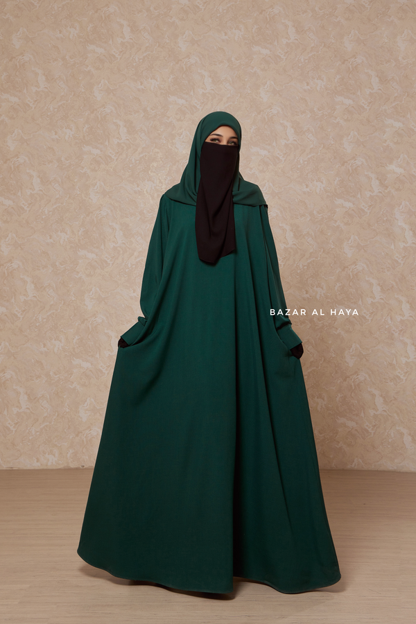 Rania Emerald Green Abaya Dress Half-Placket Button Front & Sleeve - Mediumweight Soft Crepe Cotton