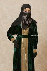 Emerald Green Irfah Luxurious Plush Pombarch Kaftan - Abaya Dress With Belt