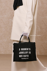 “A Women’s Jewelry Is Her Haya” Black Cotton Tote Bag - Gift