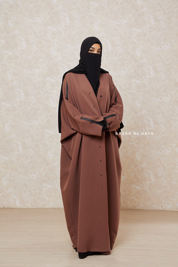 Brown Falak Classic Loose Fit Abaya Coat With Scarf - Pockets & Zippers