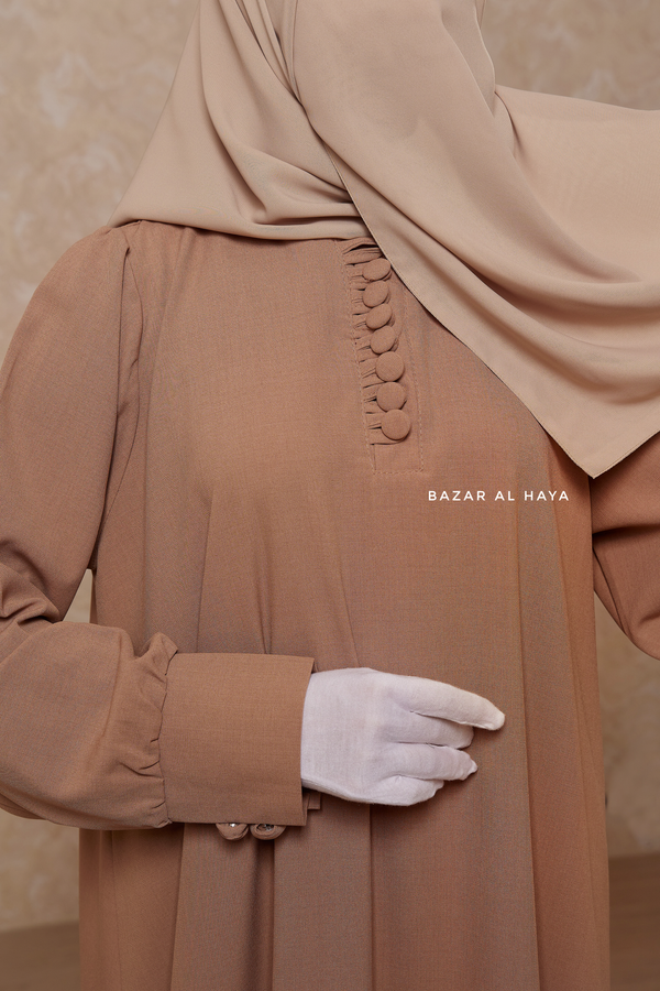 Rania Sepia Tan Abaya Dress Half-Placket Button Front & Sleeve - Mediumweight Soft Crepe Cotton