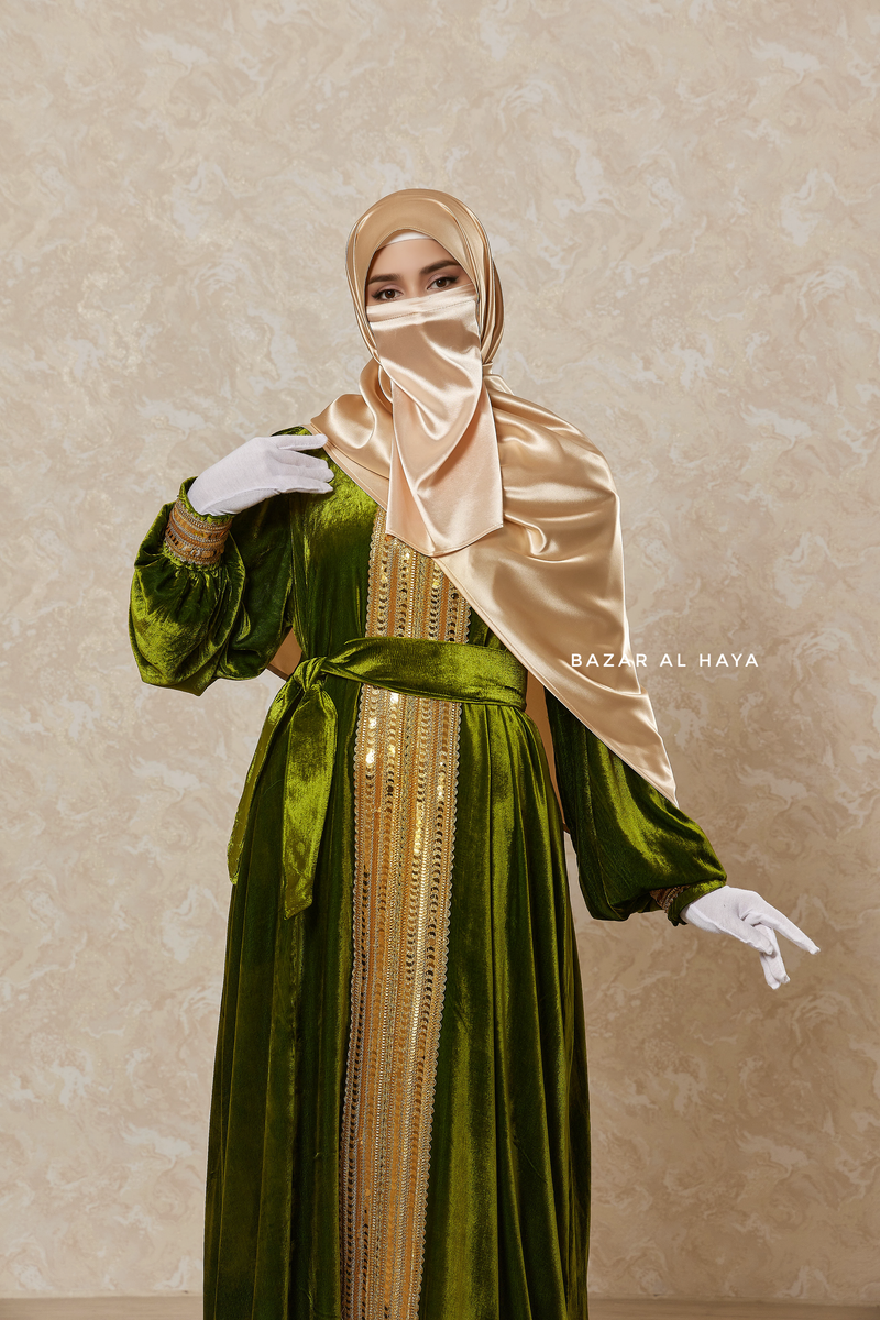 Pistachio Irfah Luxurious Plush Pombarch Kaftan - Abaya Dress With Belt