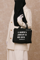 “A Women’s Jewelry Is Her Haya” Black Cotton Tote Bag - Gift