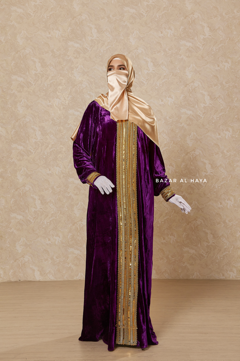 Purple Irfah Luxurious Plush Pombarch Kaftan - Abaya Dress With Belt