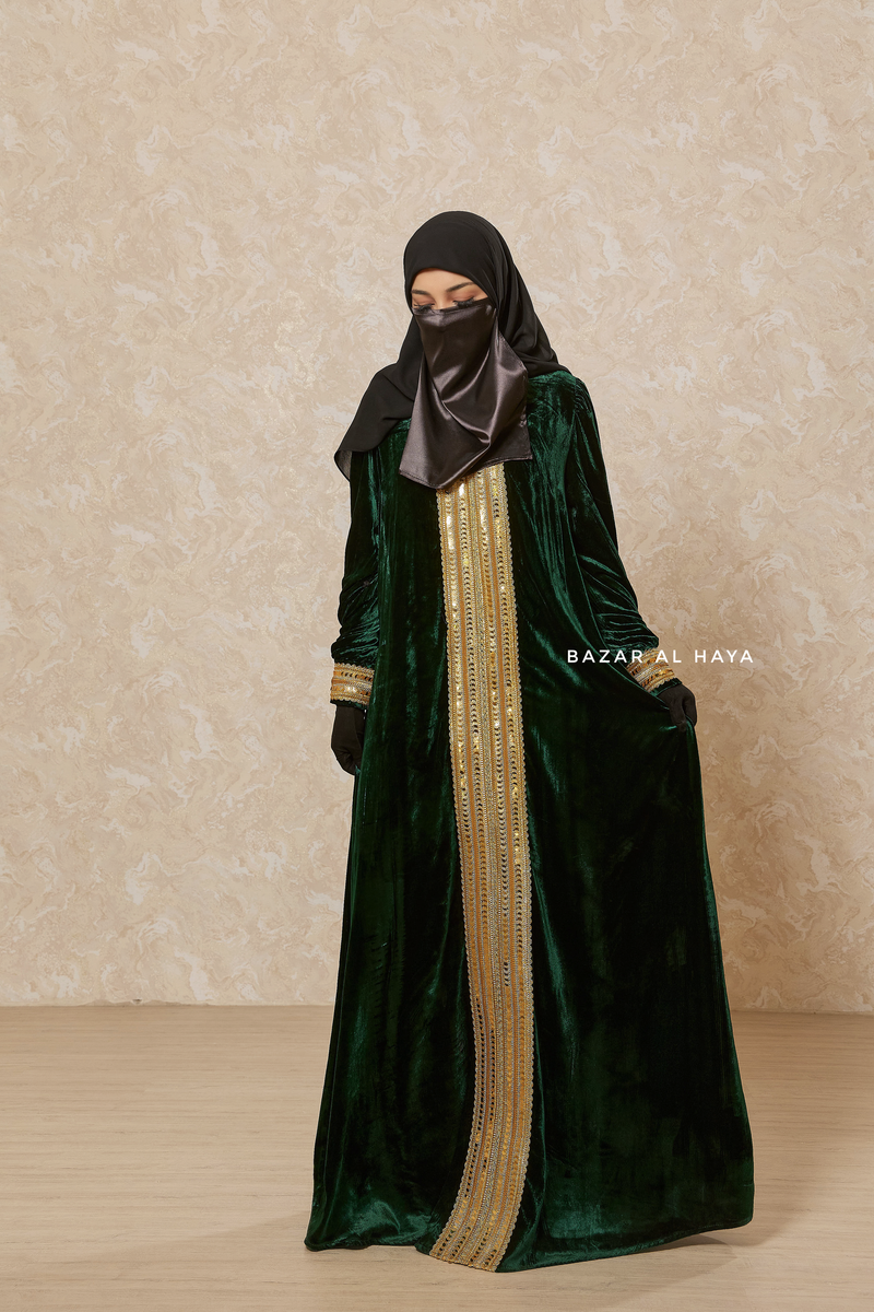 Emerald Green Irfah Luxurious Plush Pombarch Kaftan - Abaya Dress With Belt