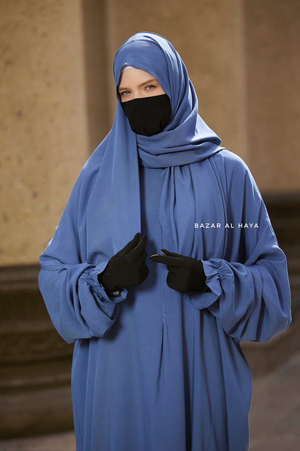 Prayer / Salah Dress One Piece Jilbab Blue 100% Cotton - Super Breathable Comfy Style