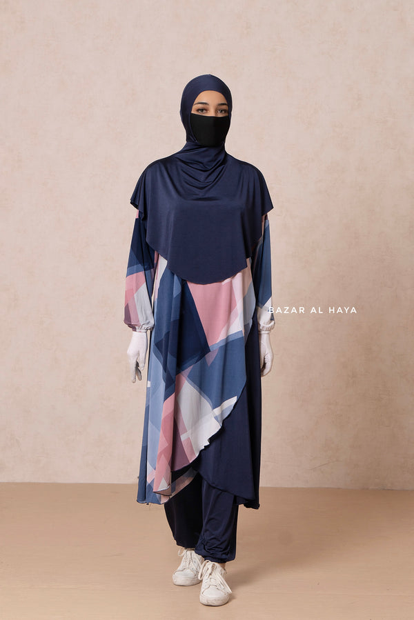 Angular Print Modest Swimwear Three Piece Set - Swimdress, Khimar, & Pants - The Comfort