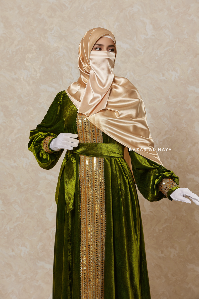 Pistachio Irfah Luxurious Plush Pombarch Kaftan - Abaya Dress With Belt