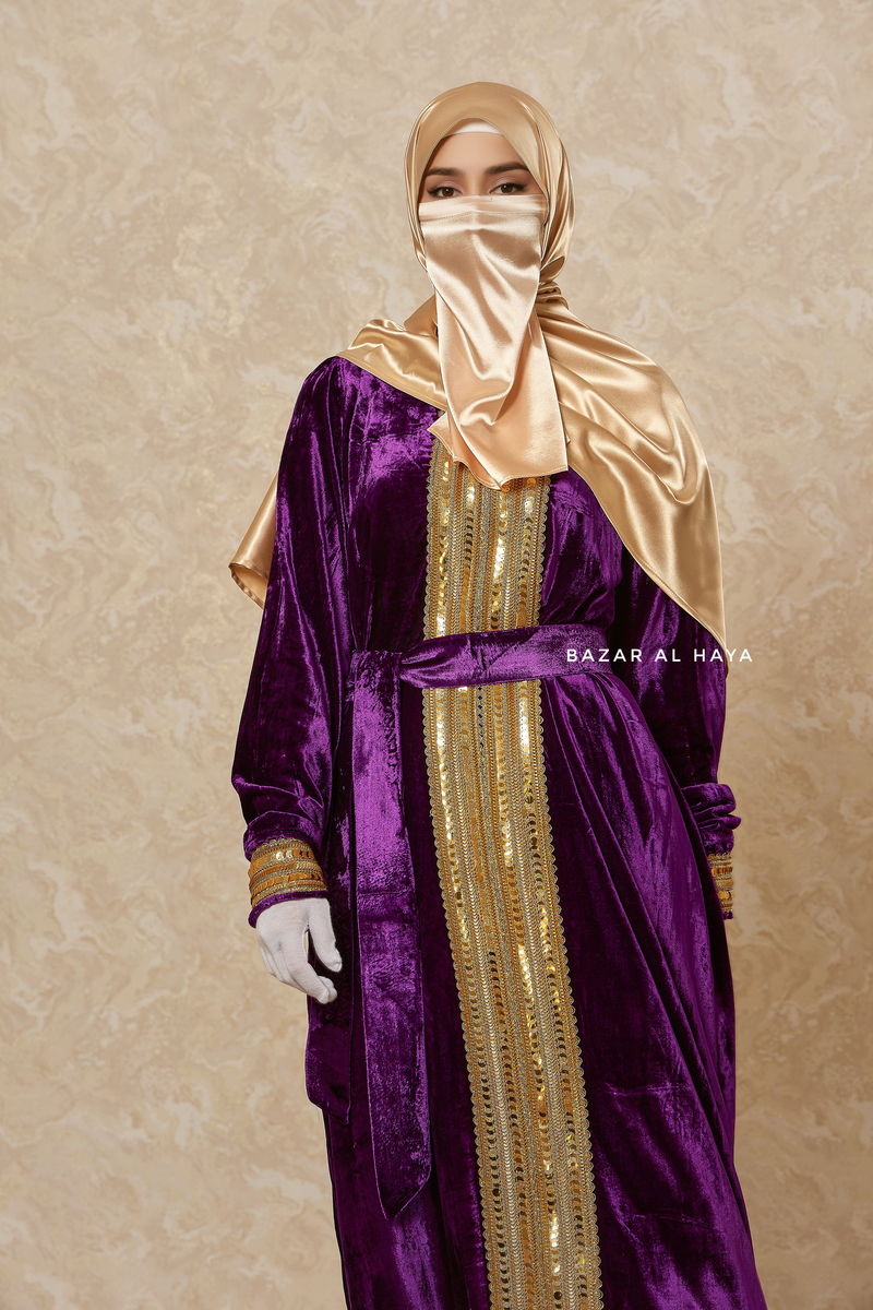 Purple Irfah Luxurious Plush Pombarch Kaftan - Abaya Dress With Belt