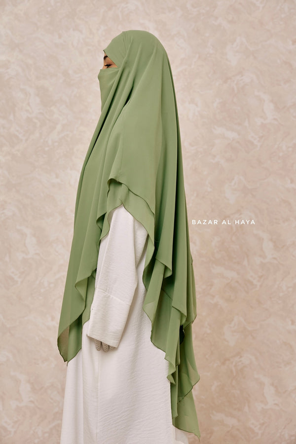 Olive Pari Two Layered Maxi Diamond Khimar - Crepe Chiffon