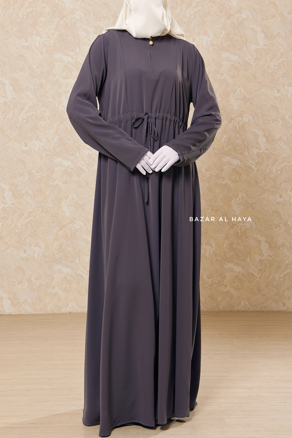 Steel Grey Salam 3 Belted Abaya Dress - Front Zipper & Zipper Sleeves - Nida