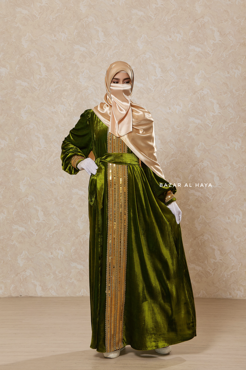 Pistachio Irfah Luxurious Plush Pombarch Kaftan - Abaya Dress With Belt