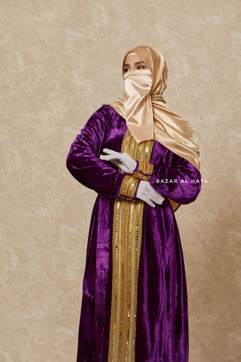 Purple Irfah Luxurious Plush Pombarch Kaftan - Abaya Dress With Belt