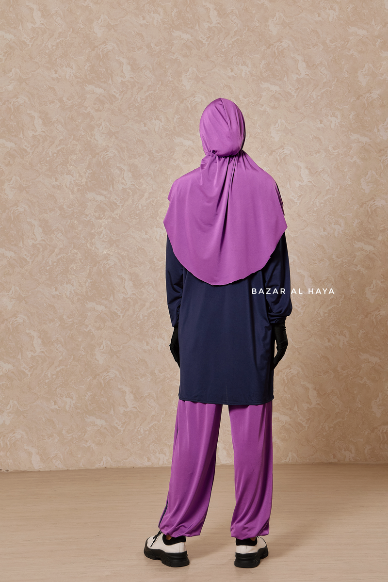 Purple Navy Modest Swimwear 4 Piece Swimdress, Khimar, Apron & Pants - Comfort Swimsuit