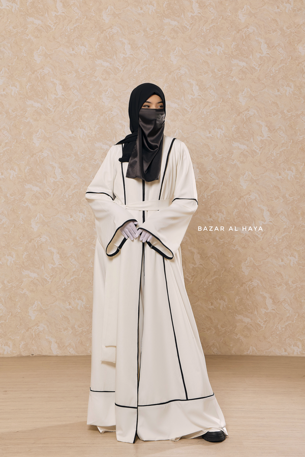 White Fazeela Open Front Abaya In Classic Design - Premium Silk Crepe