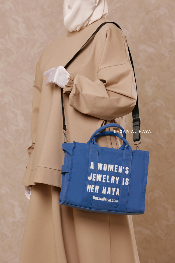 “A Women’s Jewelry Is Her Haya” Blue Cotton Tote Bag