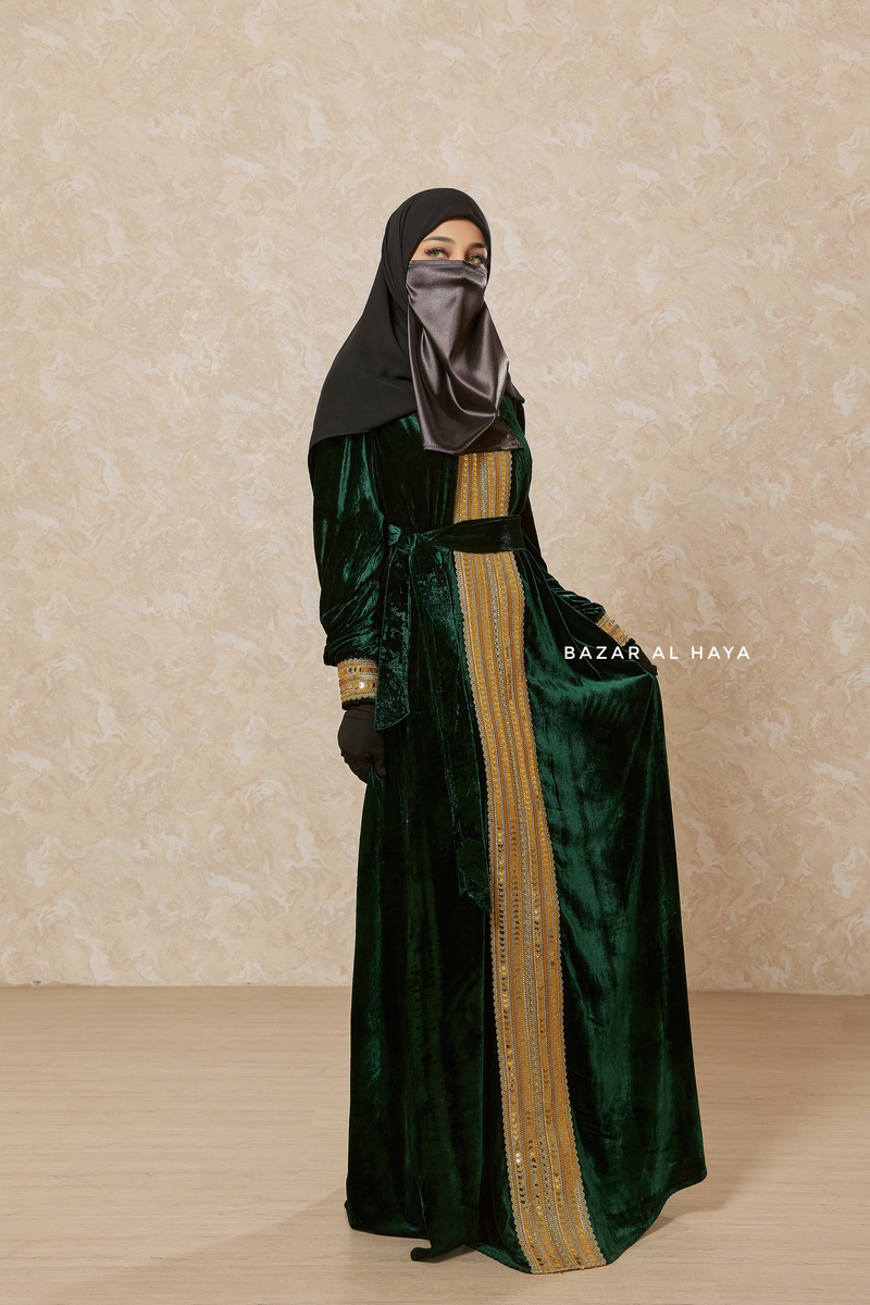 Emerald Green Irfah Luxurious Plush Pombarch Kaftan - Abaya Dress With Belt