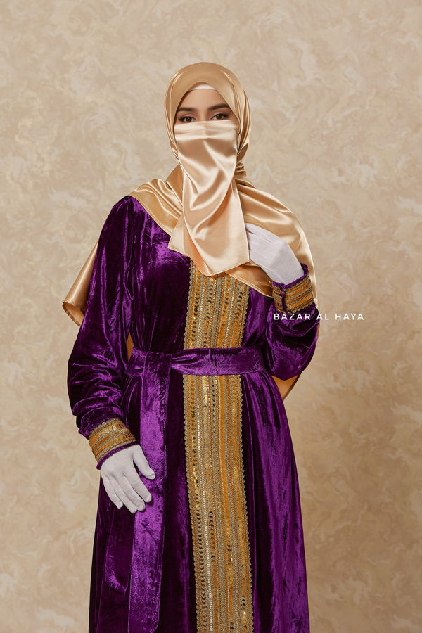 Purple Irfah Luxurious Plush Pombarch Kaftan - Abaya Dress With Belt