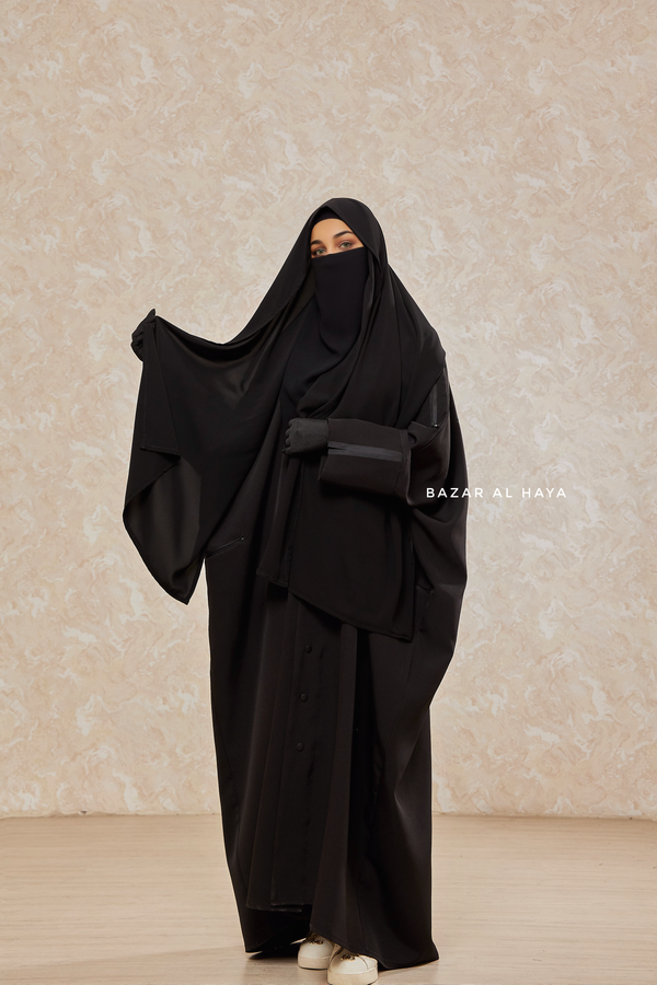 Black Falak Classic Loose Fit Abaya Coat With Scarf - Pockets & Zippers