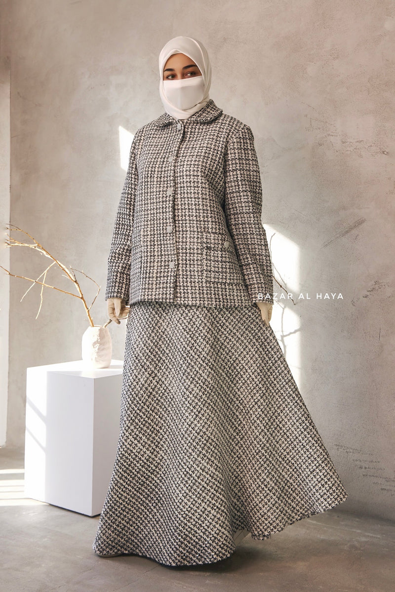 Black White Rumaysa Two Piece Snap Button Jacket Skirt Suit - Tweed Fabric