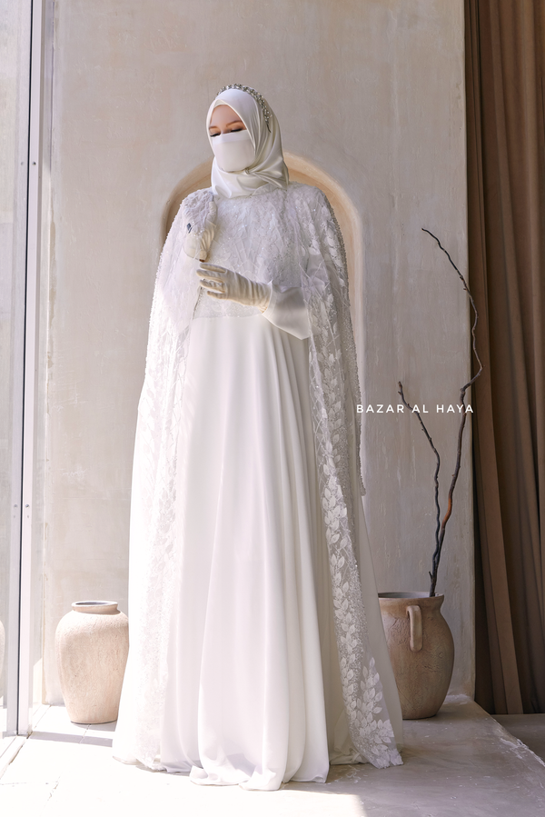 Zahra Bridal Silk Gown Abaya & Lace Cloak Set For Walima, Wedding, Nikkah - 4 Piece