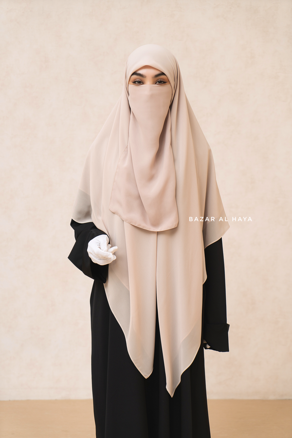 Creme Beige Square Scarf With Half Niqab Set - Super Breathable