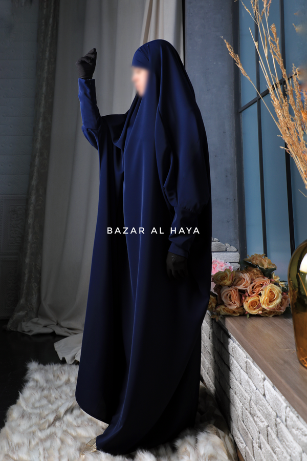 Sarah One Piece Navy Blue Jilbab - Zipper Sleeves - Silk Crepe