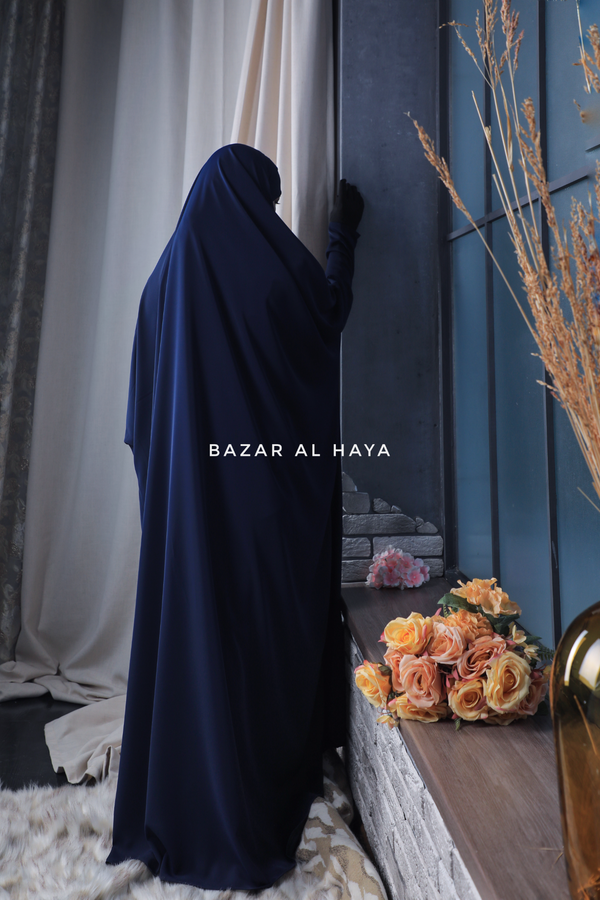 Sarah One Piece Navy Blue Jilbab - Zipper Sleeves - Silk Crepe