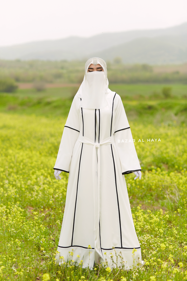 Fazeela White Open Front Abaya In Classic Design - Premium Silk Crepe