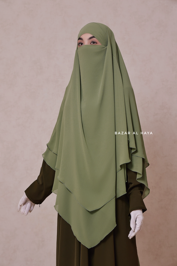 Light Olive Pari Two Layered Maxi Diamond Khimar - Crepe Chiffon