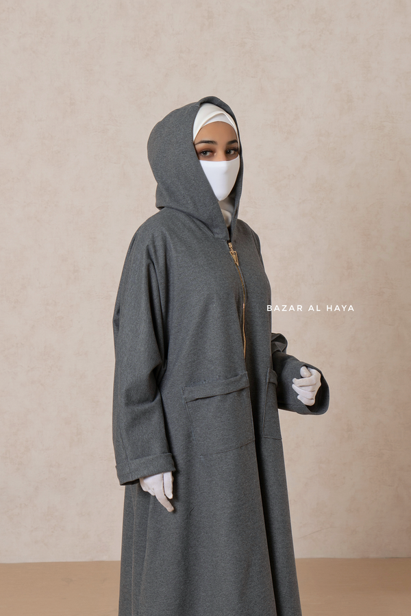 Grey Kinza Warm Hooded Poncho Overcoat - Comfy Oversized- Premium Wool