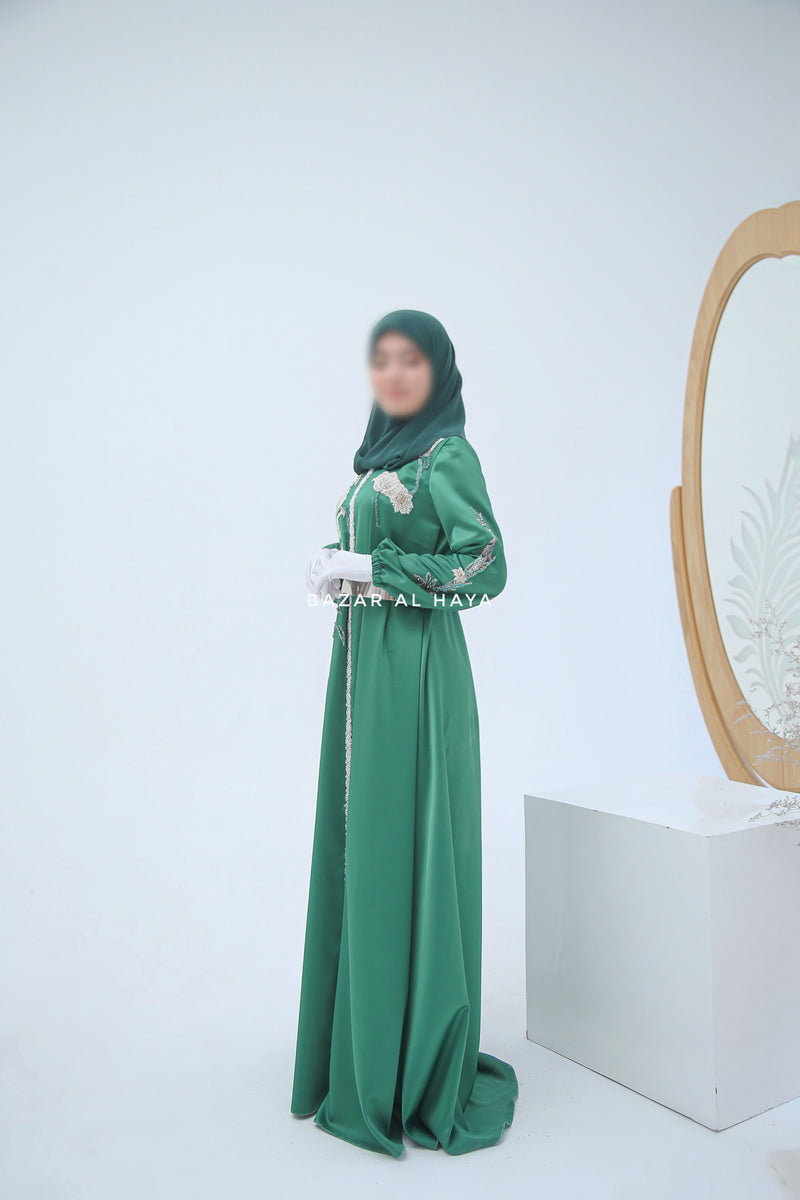 Farha Emerald Moroccan Embroidered Luxurious Silk Kaftan Abaya