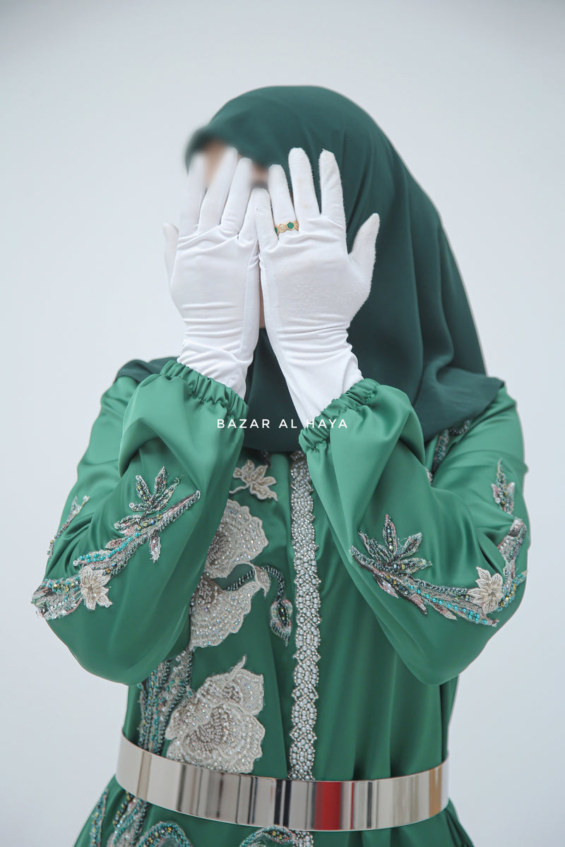 Farha Emerald Moroccan Embroidered Luxurious Silk Kaftan Abaya