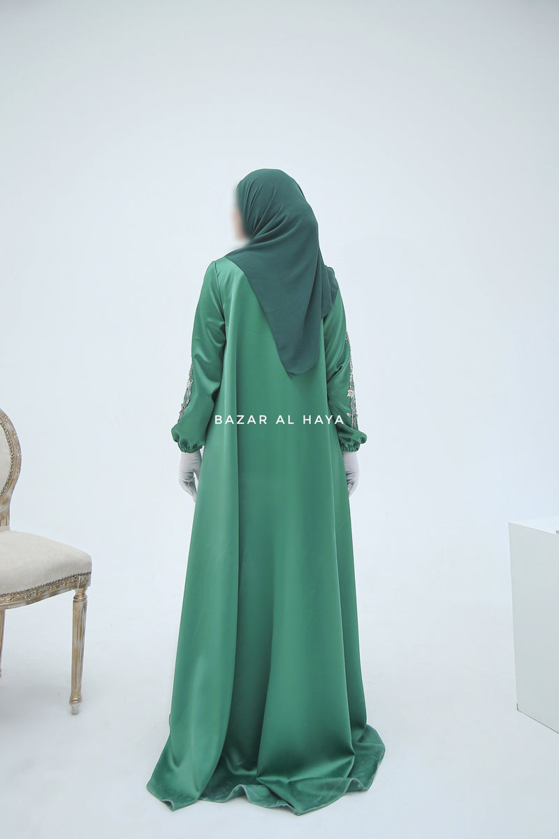 Farha Emerald Moroccan Embroidered Luxurious Silk Kaftan Abaya