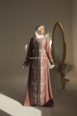 Dusty Rose Duha Moroccan Embroidered LuxuriousKaftan  Abaya With Silk Dress & Belt Set - 3 Piece