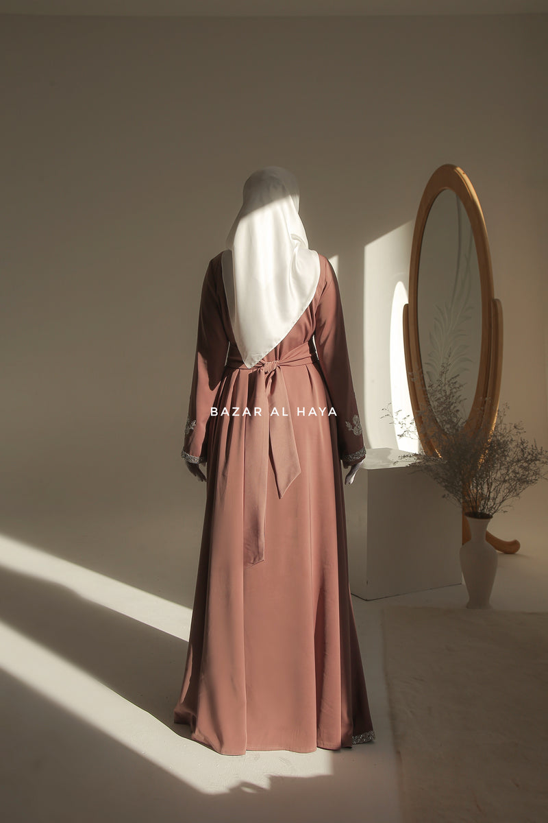 Dusty Rose Duha Moroccan Embroidered LuxuriousKaftan  Abaya With Silk Dress & Belt Set - 3 Piece