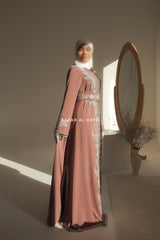 Dusty Rose Duha Moroccan Embroidered LuxuriousKaftan  Abaya With Silk Dress & Belt Set - 3 Piece