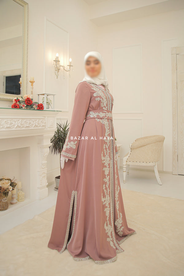 Duha Dusty Rose Moroccan Embroidered Luxurious Kaftan Abaya With Silk Dress & Belt Set - 3 Piece