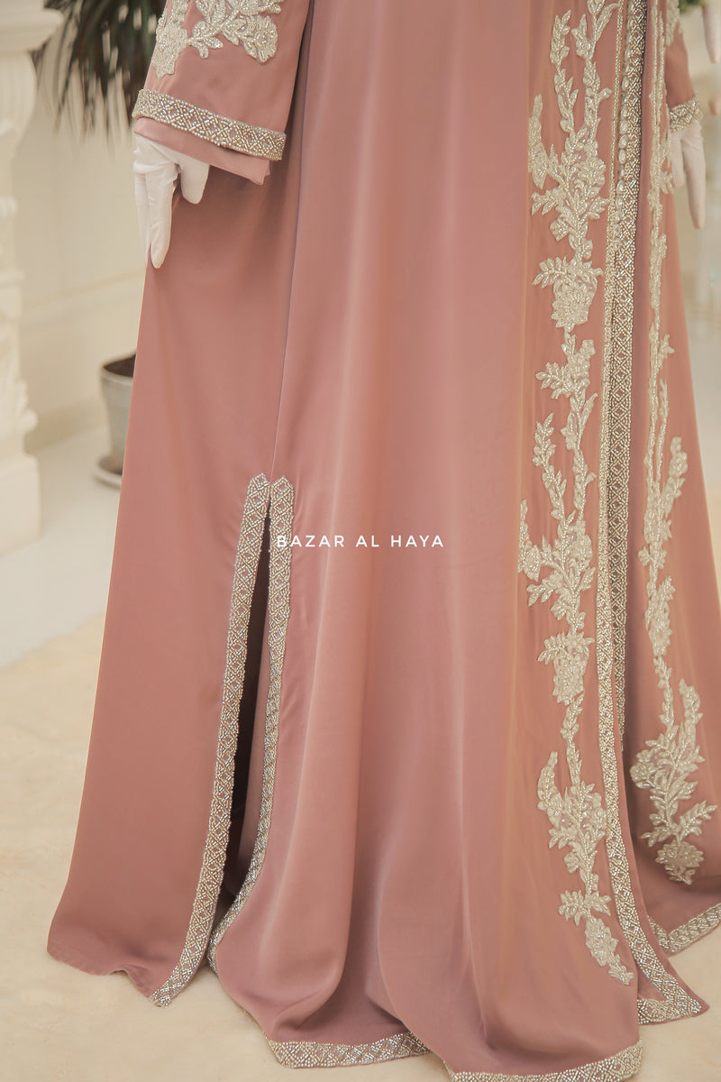 Duha Dusty Rose Moroccan Embroidered Luxurious Kaftan Abaya With Silk Dress & Belt Set - 3 Piece