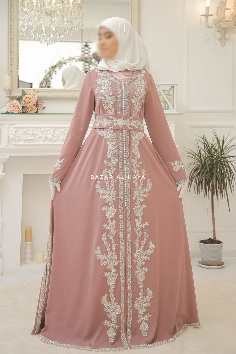 Duha Dusty Rose Moroccan Embroidered Luxurious Kaftan Abaya With Silk Dress & Belt Set - 3 Piece