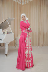 Duha Rassberry Moroccan Embroidered Luxurious Kaftan Abaya With Silk Dress & Belt Set - 3 Piece