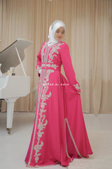 Duha Rassberry Moroccan Embroidered Luxurious Kaftan Abaya With Silk Dress & Belt Set - 3 Piece