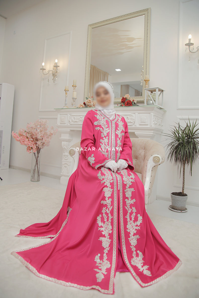 Duha Rassberry Moroccan Embroidered Luxurious Kaftan Abaya With Silk Dress & Belt Set - 3 Piece