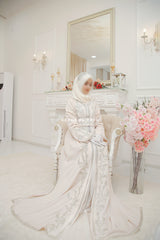 Ivory Duha Moroccan Embroidered Uniqe Kaftan Abaya With Silk Dress & Belt Set - 3 Piece