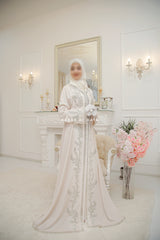 Ivory Duha Moroccan Embroidered Uniqe Kaftan Abaya With Silk Dress & Belt Set - 3 Piece