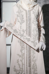 Duha Ivory Moroccan Embroidered Gleaming Kaftan With Silk Dress & Belt Set - 3 Piece