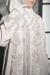 Duha Ivory Moroccan Embroidered Gleaming Kaftan With Silk Dress & Belt Set - 3 Piece