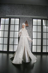 Duha Ivory Moroccan Embroidered Gleaming Kaftan With Silk Dress & Belt Set - 3 Piece